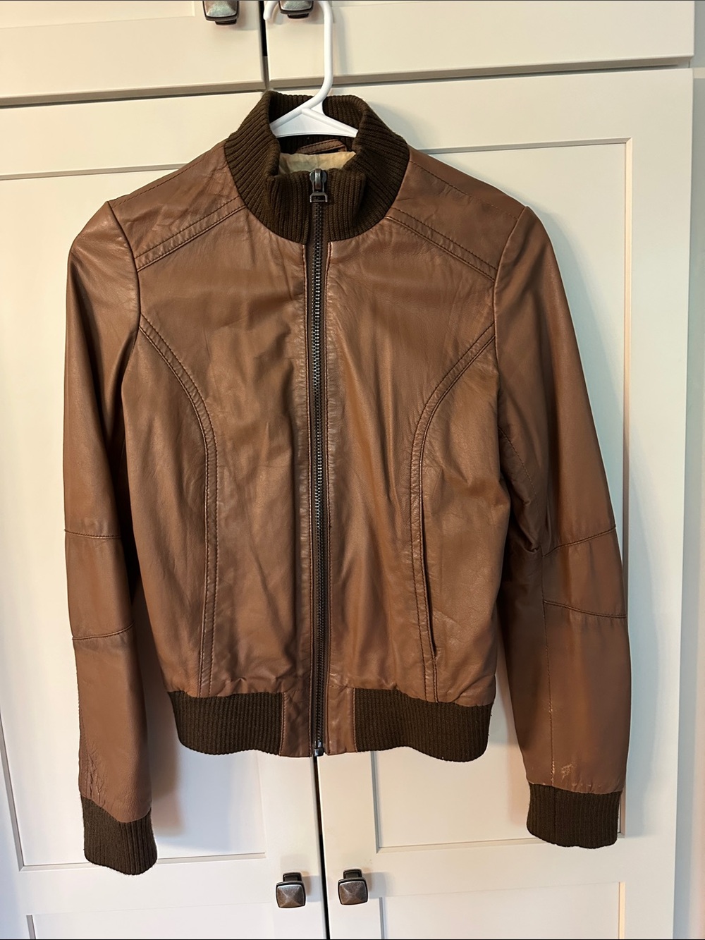 Zara Brown Leather Bomber Jacket with Ribbed Trim